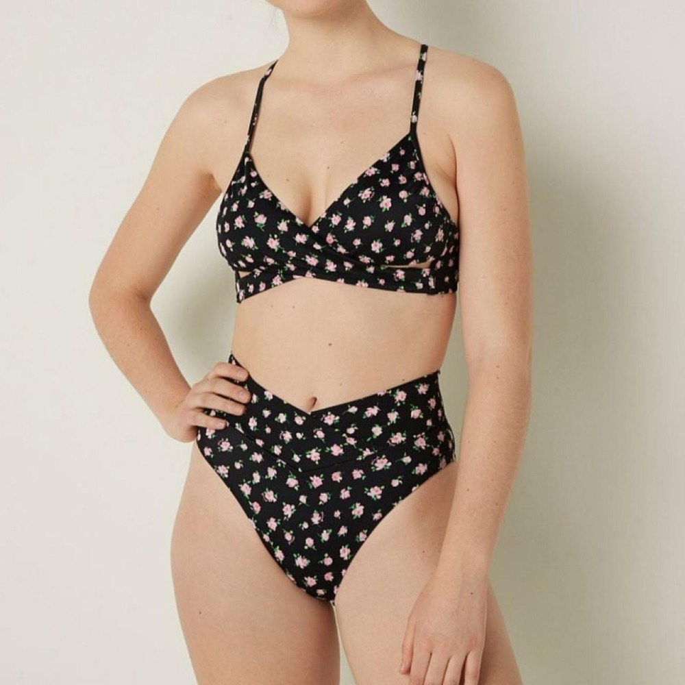 PINK Victoria's Secret Floral High Waist Bikini Bottom Black Pink Rose Medium